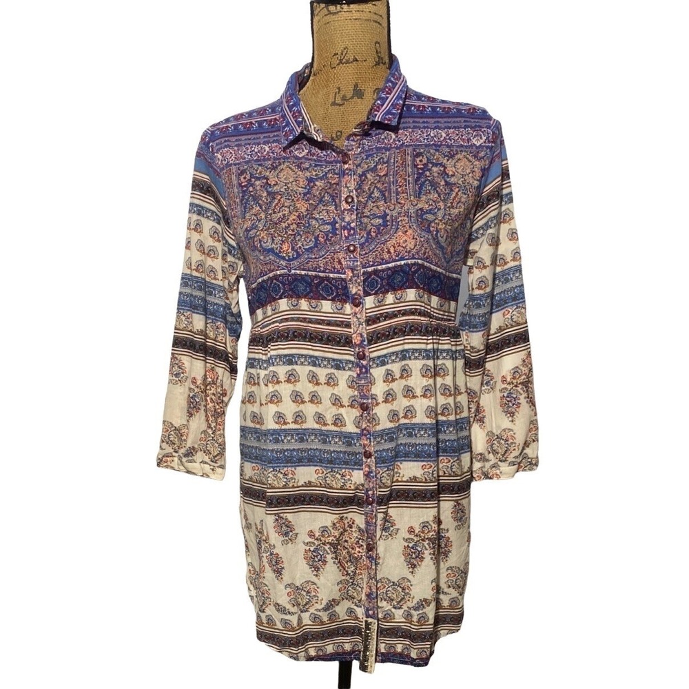 Aratta Silent Journey Top MED Ivory Blue Red Multi Floral Button Front Tunic‎